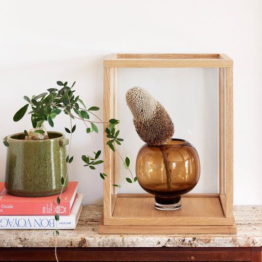 Hubsch Interior Nordic designer fish-bowl style cocoon vase in brown glass sitting inside in glass box with banksia