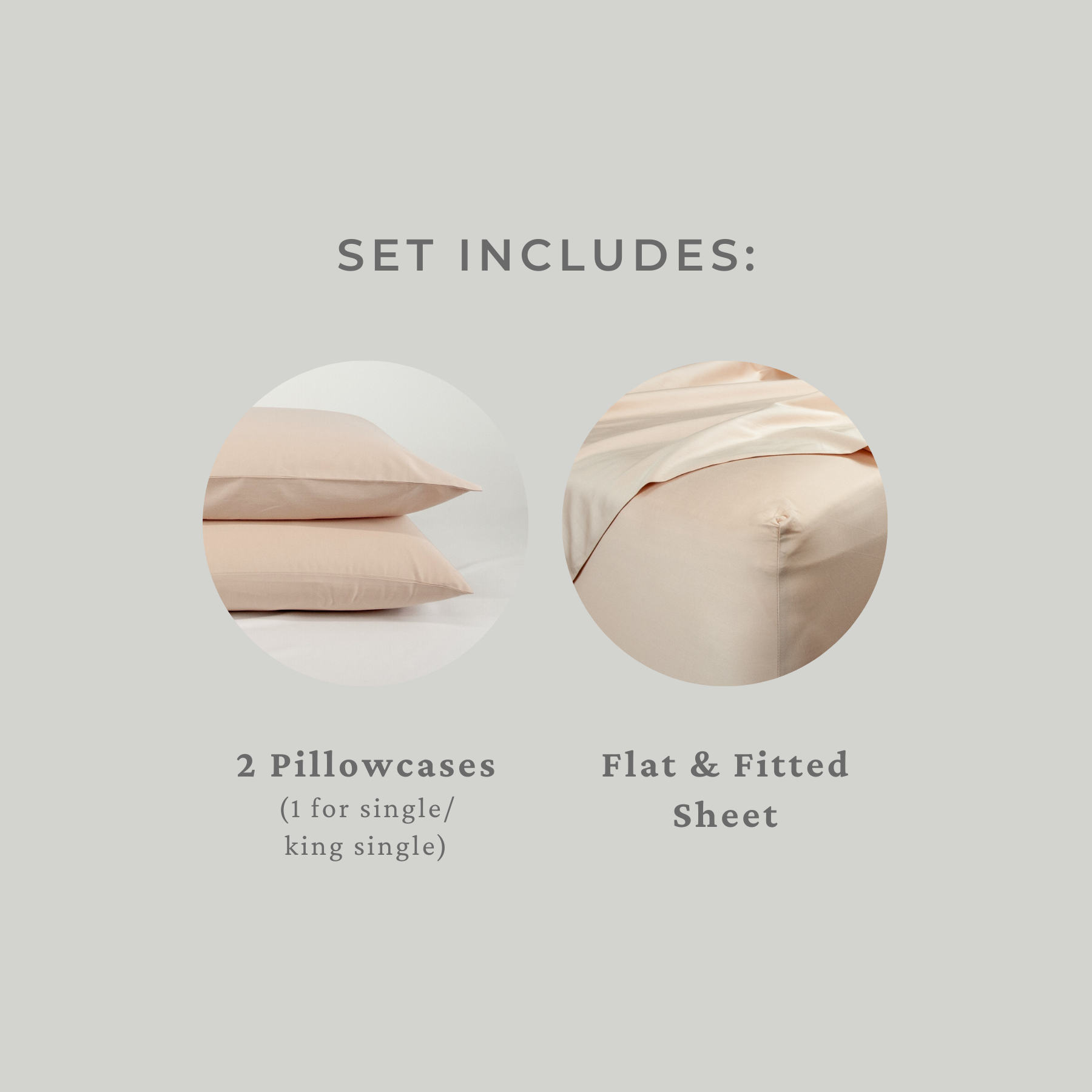 Set includes: flat and fitted sheet, two pillowcases (1 for single or king single)