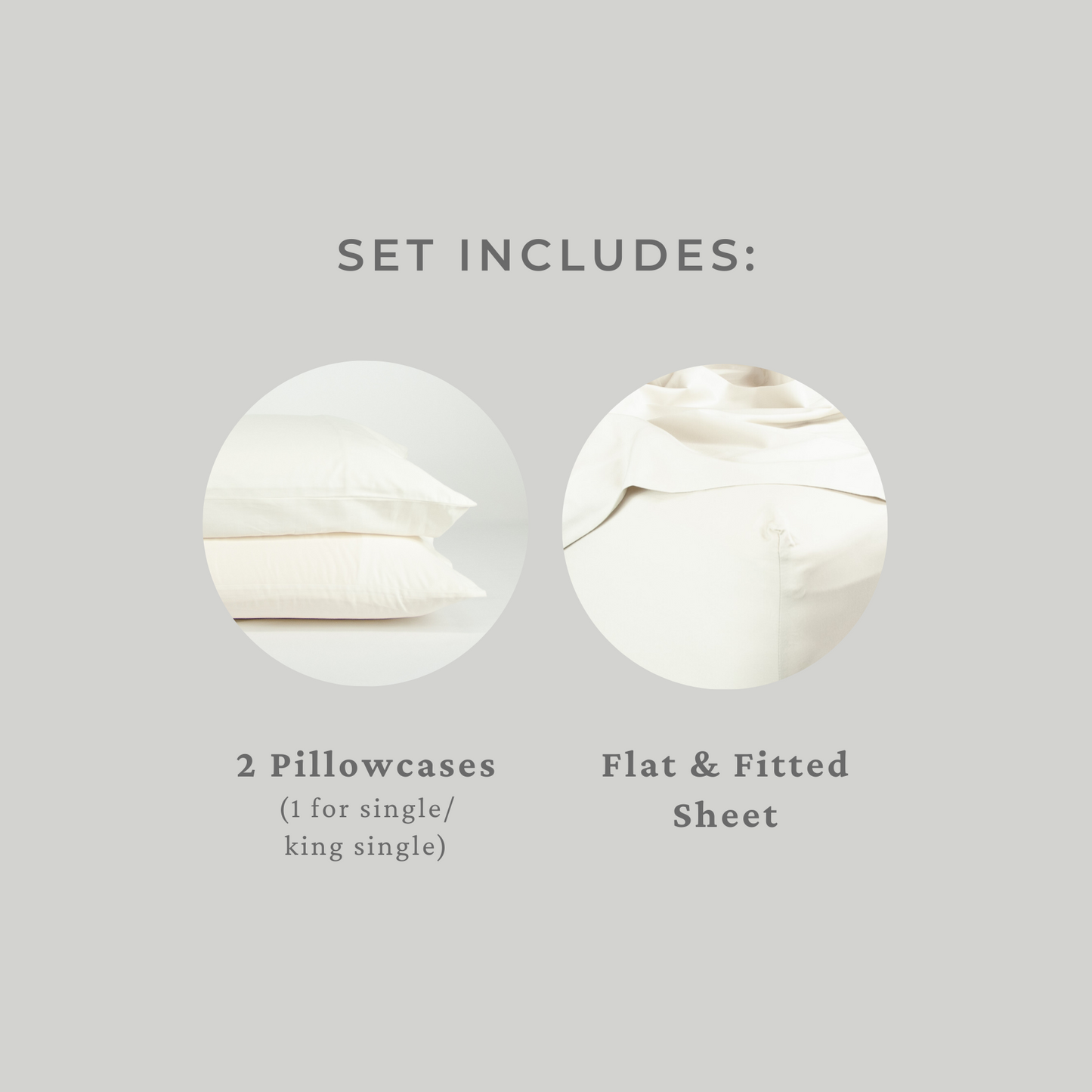 Set includes: flat and fitted sheet, two pillowcases (1 for single or king single)