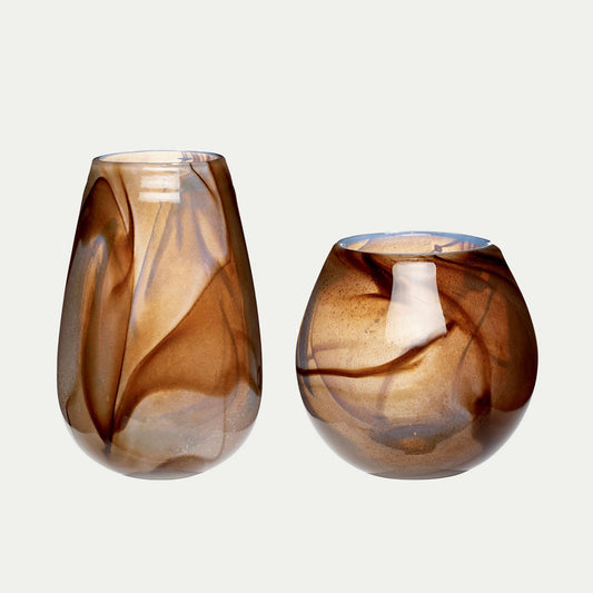 Hubsch Interior Scandi style marbled vases in coffee and white glass on white background