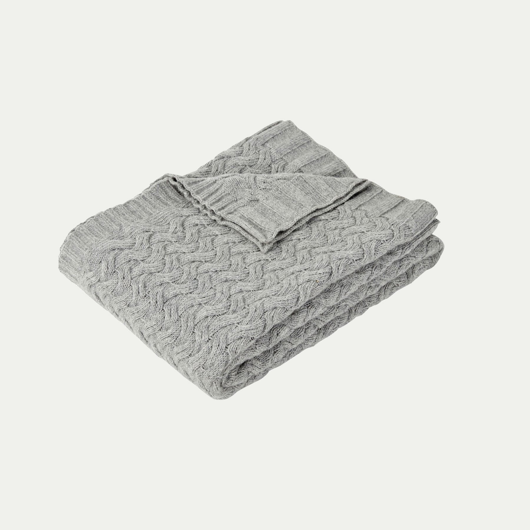 Hubsch Interior Scandi designer large wool cable knit throw blanket in pale grey on white background
