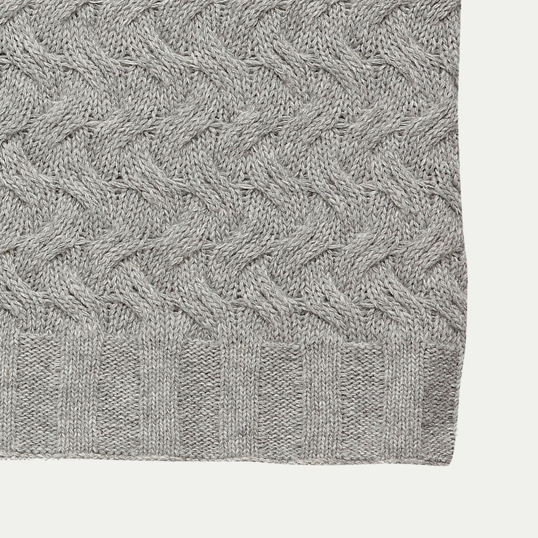 Close up of a Hubsch Interior Scandi designer large wool cable knit throw blanket in pale grey on white background